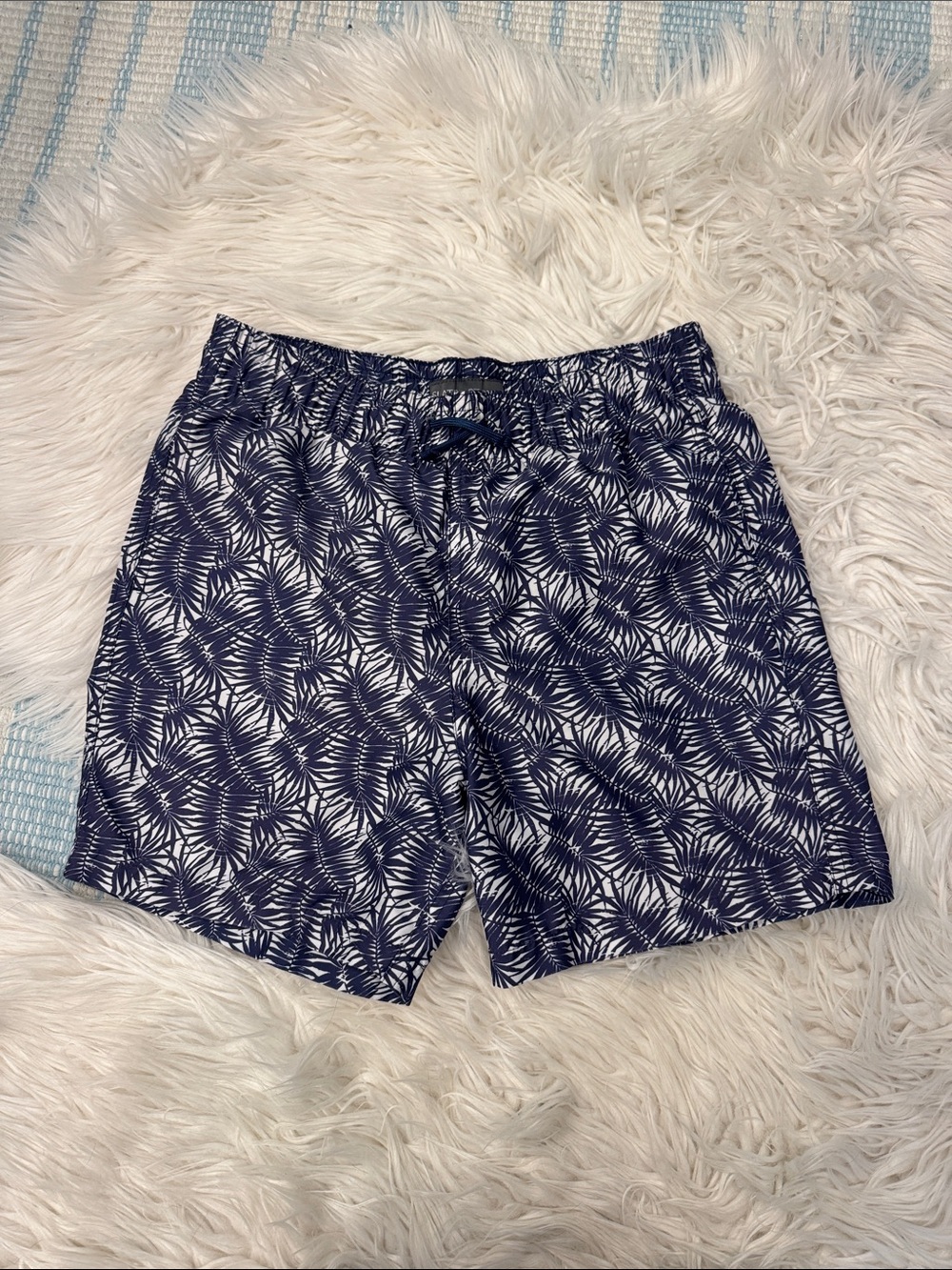 Boys  Navy Palm-Print Swim Shorts